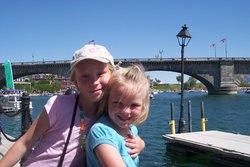 Emma and Sarah at Lake Havasu in front of London Bridge