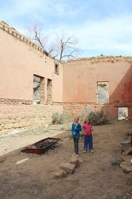 Emma and Sarah in ruins of store in Sego, UT