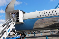 Steve with a Nixon-esque pose coming off Air Force One