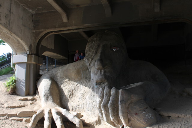 Emma and Sarah by the Fremont Troll in Seattle