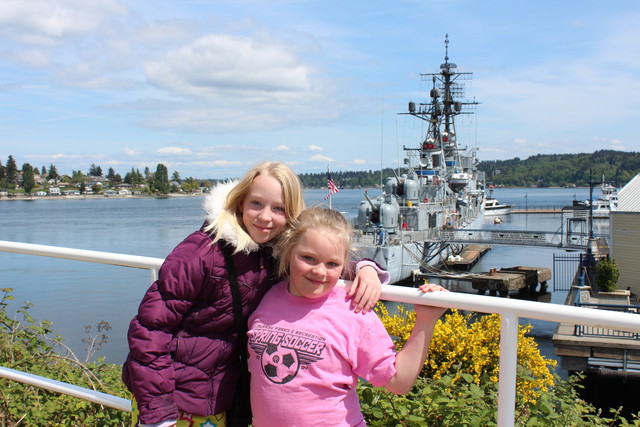 Emma and Sarah in front of USS Turner Joy