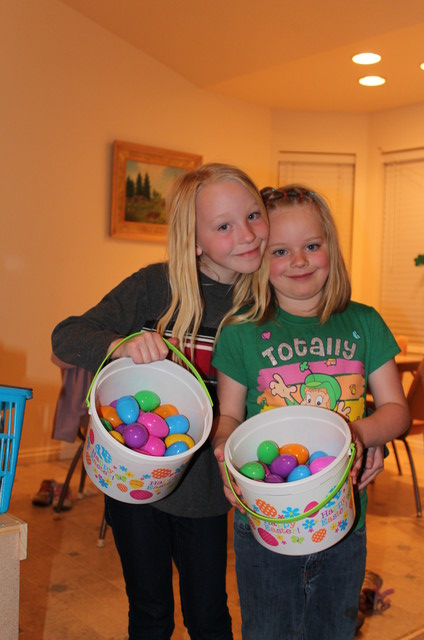 Emma and Sarah doing the Easter Egg Hunt