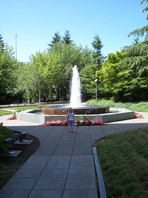 Sarah by the fountain at the Portland Temple