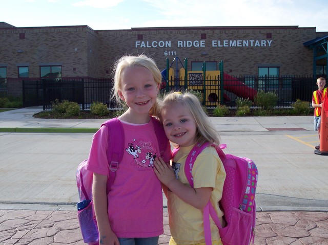 Emma and Sarah on Sarah's First Day of Kindergarten