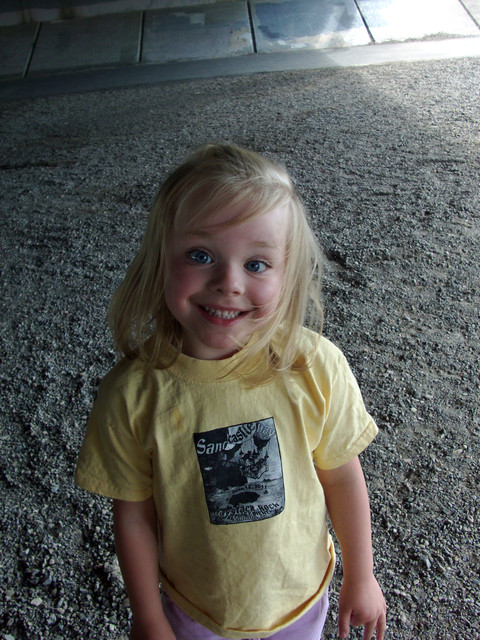 Sarah under Twin Falls Snake River bridge, showing how she can go cross-eyed