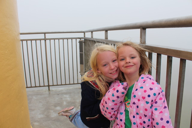 Emma and Sarah on top of the Astoria Column (in the fog)